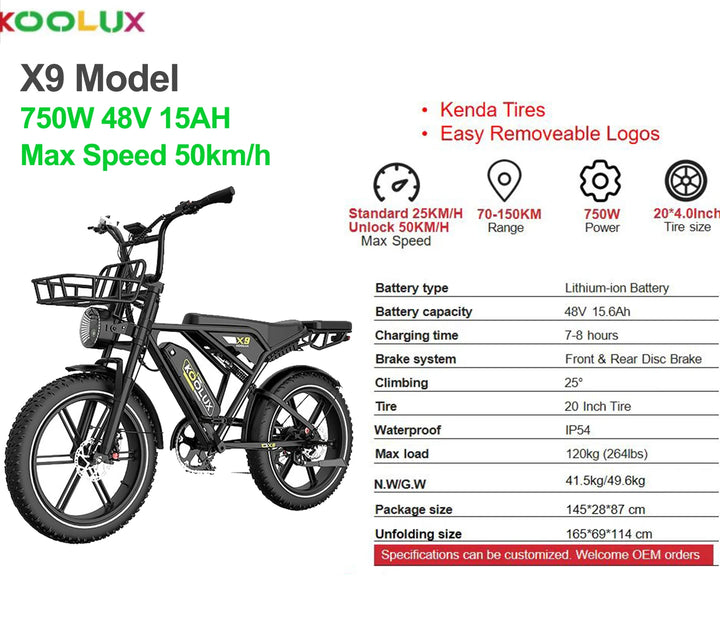 KOOLUX X9 Pro – 750W Electric City & Mountain Bike | 48V 31.2Ah Dual/Single Battery Options | 20" Fat Tire E-Bike | Long-Range Urban Commuter | Adult Electric Bicycle