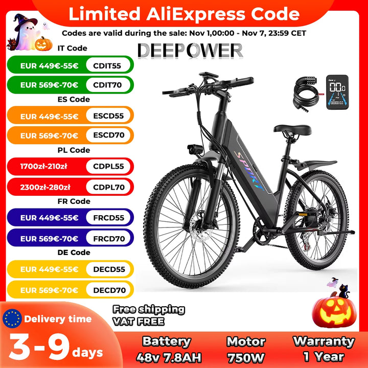 DEEPOWER F26 City Electric Bike – 750W Brushless Motor • 48V 7.8Ah Lithium Battery • 27.5” Lightweight Road E-Bike • 40 km/h Commuter Bicycle for Adults & Women