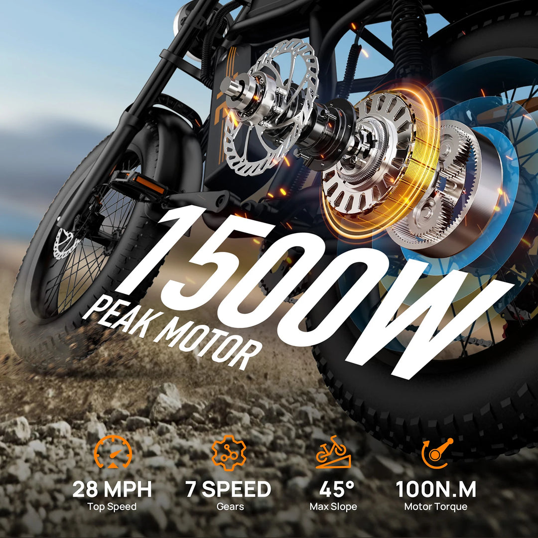T2 Electric Fat Tire Bike – 1500W Peak Motor | 48V 15.6Ah Removable Battery | 100 Mile (160KM) Range | 20×4” All-Terrain Tires | Hydraulic Brakes | Powerful Off-Road E-Bike