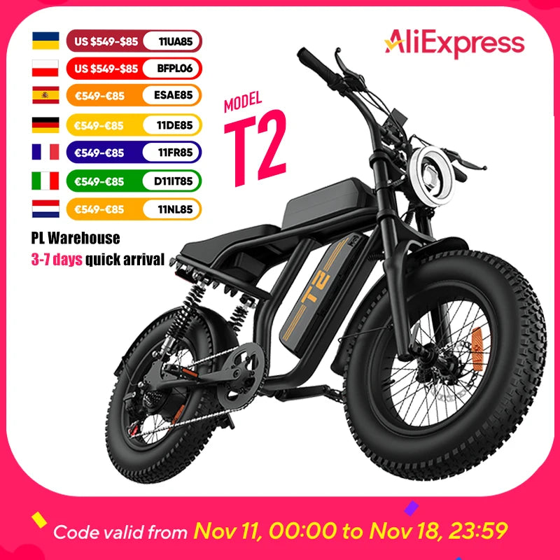T2 Electric Fat Tire Bike – 1500W Peak Motor | 48V 15.6Ah Removable Battery | 100 Mile (160KM) Range | 20×4” All-Terrain Tires | Hydraulic Brakes | Powerful Off-Road E-Bike