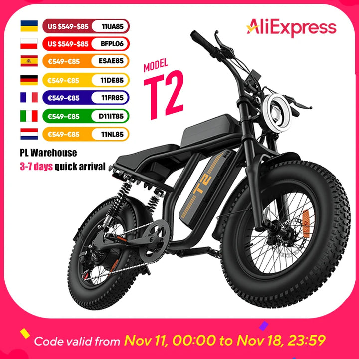 T2 Electric Fat Tire Bike – 1500W Peak Motor | 48V 15.6Ah Removable Battery | 100 Mile (160KM) Range | 20×4” All-Terrain Tires | Hydraulic Brakes | Powerful Off-Road E-Bike