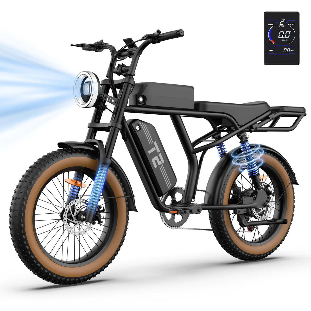 T2 Electric Fat Tire Bike – 1500W Peak Motor | 48V 15.6Ah Removable Battery | 100 Mile (160KM) Range | 20×4” All-Terrain Tires | Hydraulic Brakes | Powerful Off-Road E-Bike