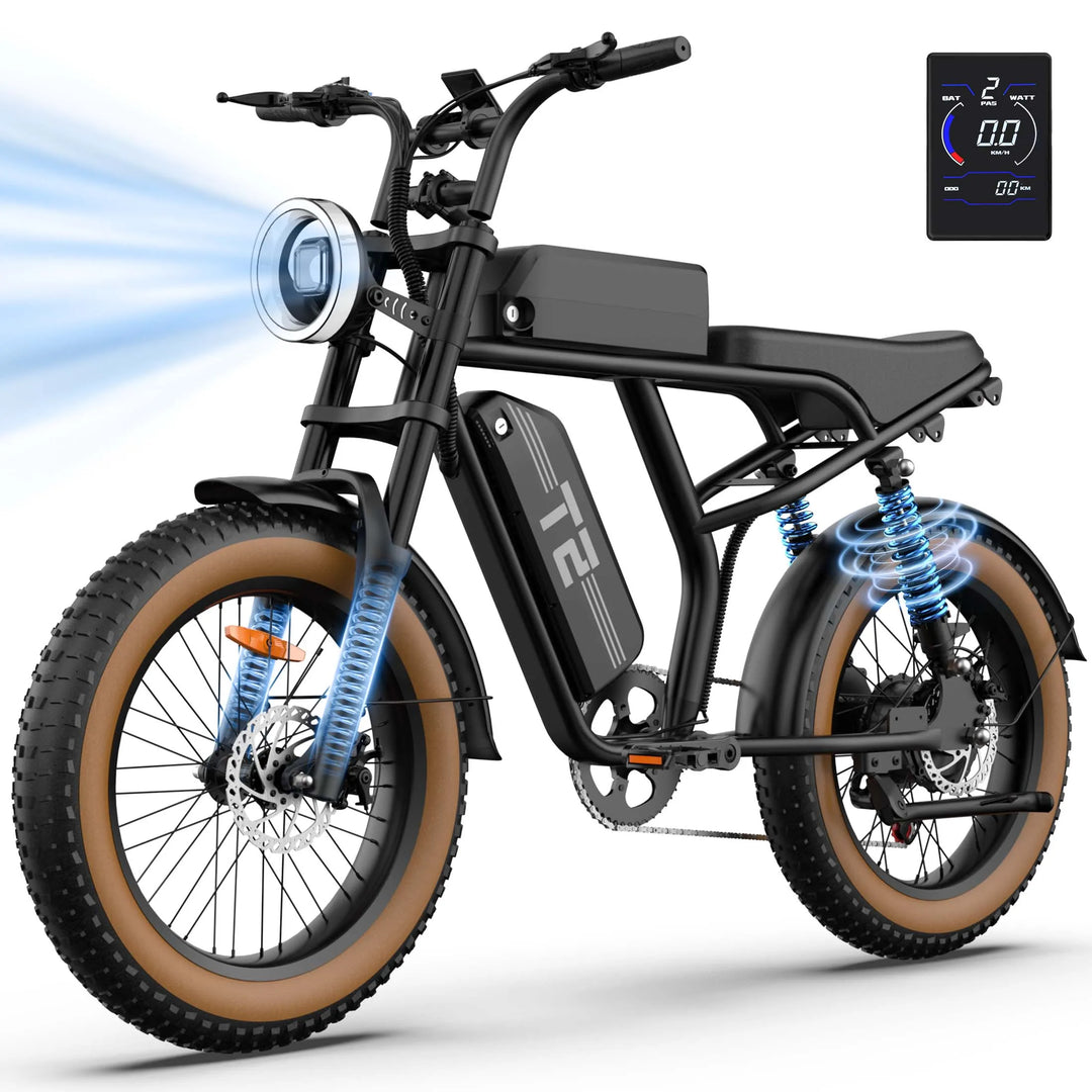 T2 Electric Fat Tire Bike – 1500W Peak Motor | 48V 15.6Ah Removable Battery | 100 Mile (160KM) Range | 20×4” All-Terrain Tires | Hydraulic Brakes | Powerful Off-Road E-Bike