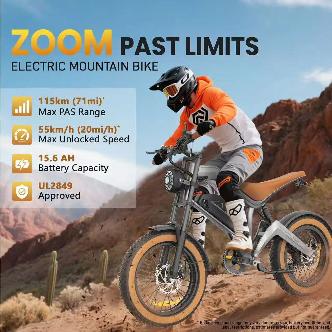 M20 1500W Fat Tire Electric Bike – 48V 15Ah Lithium Battery • 55 km/h Max Speed • Hydraulic Brakes • 20×4” Off-Road Mountain E-Bike for Adults