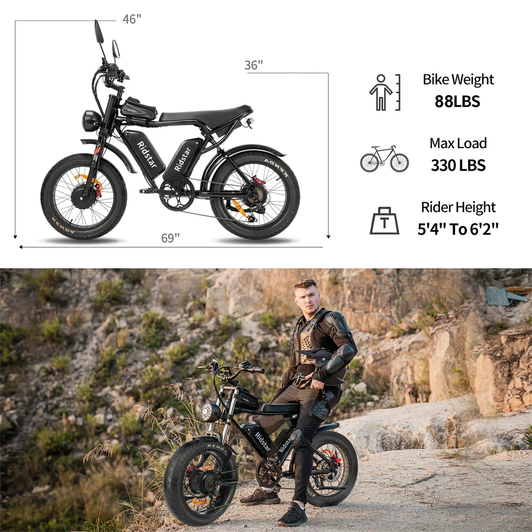 Ridstar Q20 – 2000W Dual Motor Electric Bike | 52V 40Ah Waterproof Battery | 20×4.0 Fat Tire Mountain E-Bike | Ultra-Powerful Off-Road Adult Electric Bicycle