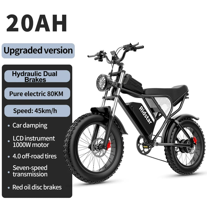 Ridstar Q20 – 2000W Dual Motor Electric Bike | 52V 40Ah Waterproof Battery | 20×4.0 Fat Tire Mountain E-Bike | Ultra-Powerful Off-Road Adult Electric Bicycle