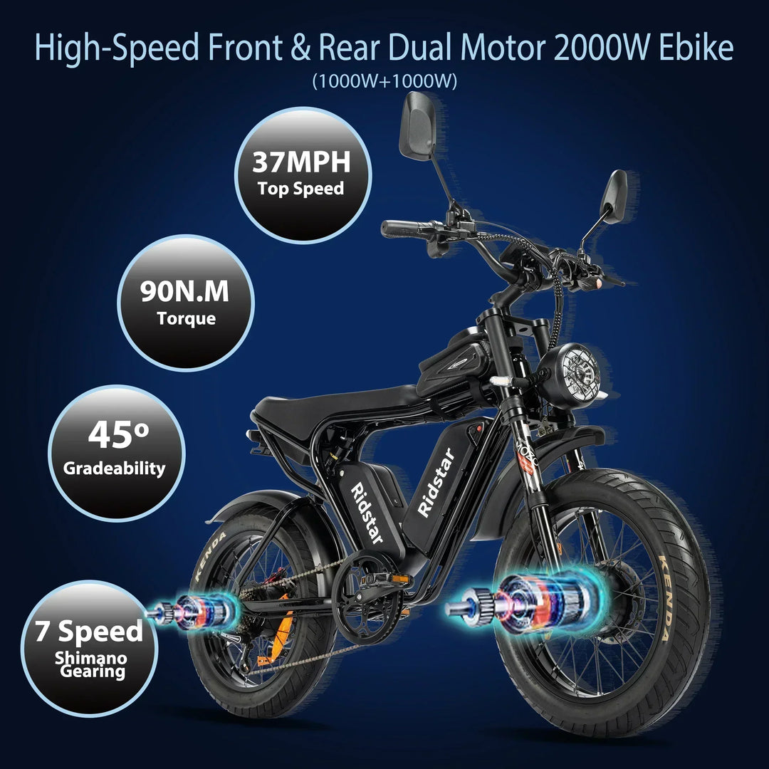 Ridstar Q20 – 2000W Dual Motor Electric Bike | 52V 40Ah Waterproof Battery | 20×4.0 Fat Tire Mountain E-Bike | Ultra-Powerful Off-Road Adult Electric Bicycle