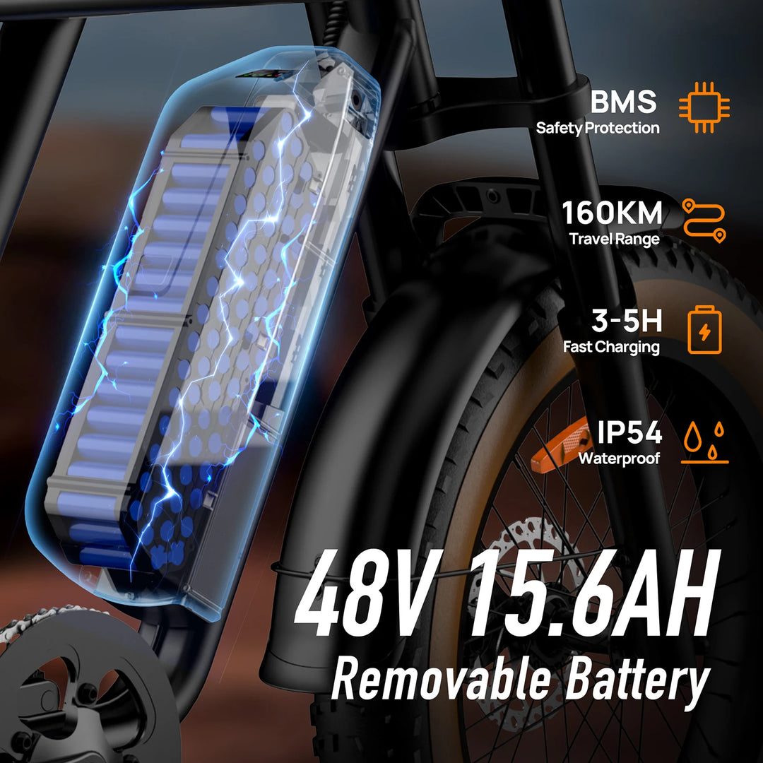 T2 Electric Fat Tire Bike – 1500W Peak Motor | 48V 15.6Ah Removable Battery | 100 Mile (160KM) Range | 20×4” All-Terrain Tires | Hydraulic Brakes | Powerful Off-Road E-Bike