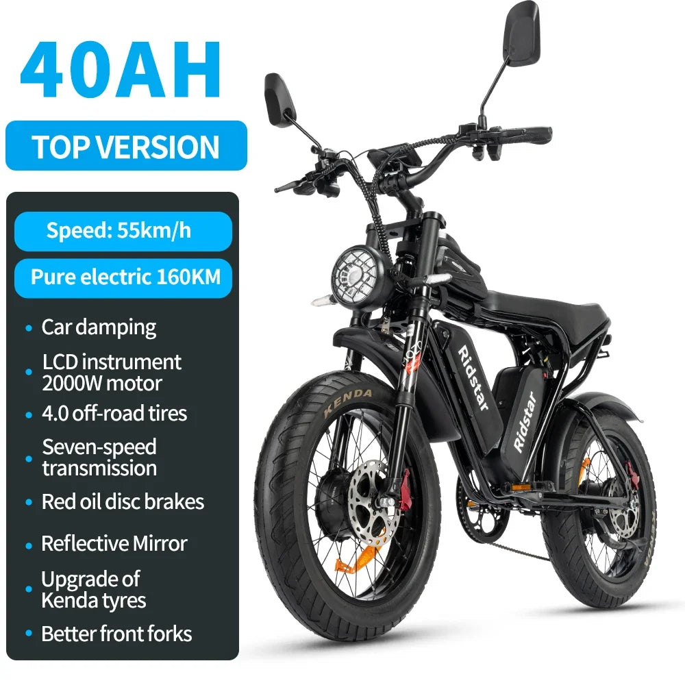 Ridstar Q20 – 2000W Dual Motor Electric Bike | 52V 40Ah Waterproof Battery | 20×4.0 Fat Tire Mountain E-Bike | Ultra-Powerful Off-Road Adult Electric Bicycle