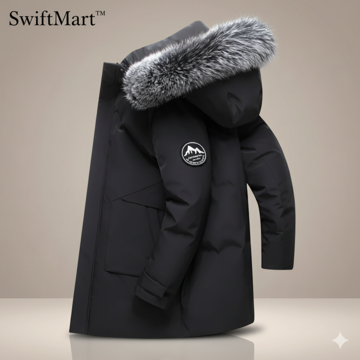 Men’s Korean Style Long Down Jacket – 2026 Winter Hooded Warm Padded Coat | SwiftMart™