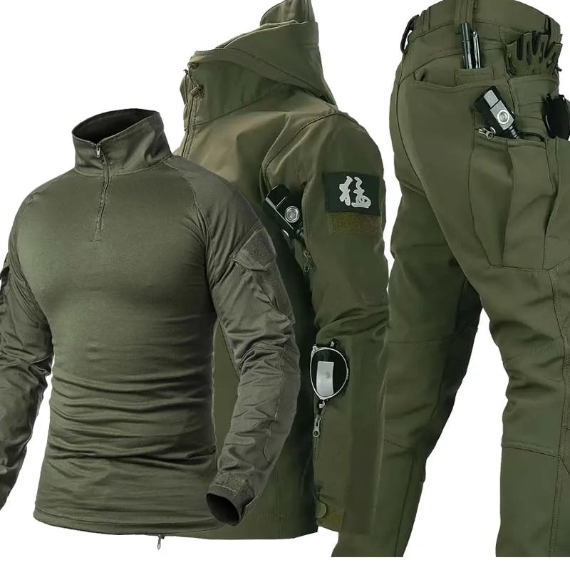 Soft Shell Combat Suit Military Uniform Army Jackets Hooded Top+Breathable Long Sleeve Cargo Pants Men Hunting Sets Multi-pocket