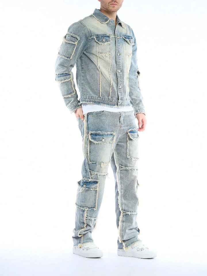 High-Quality Men's Washed Denim Two-Piece Set (Jeans + Denim Jacket) - Autumn & Winter Style