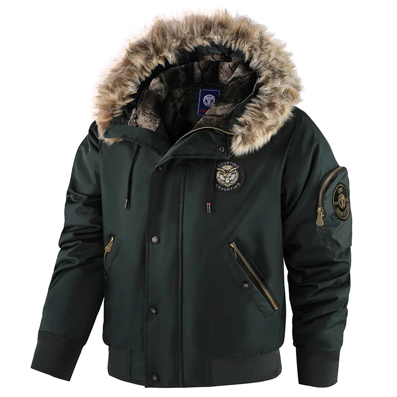 Winter Men's Black Padded Jacket Removable Hood Durable Windproof Fabric Embroidery Decorative Side Pockets Sleeve Zipper