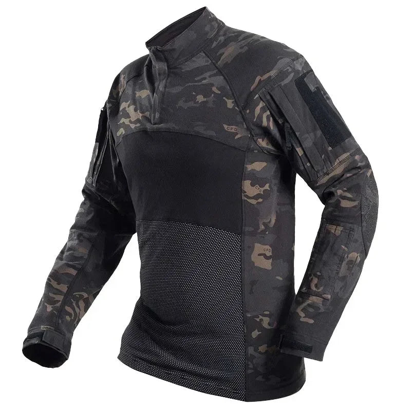 Men's Long Sleeve Tactical Shirts Combat Shirt 1/4 Zipper Ripstop Elastic Cotton Military Hiking Hunting Clothes