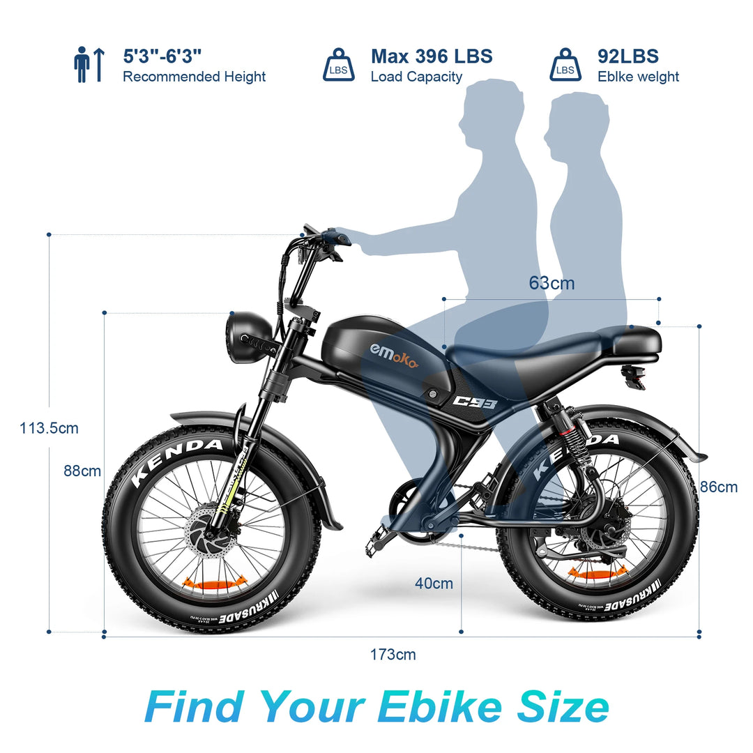 EMOKO C93 Retro Electric Bike – 1000W Brushless Motor • 48V 20Ah Lithium Battery • 20×4” Fat Tire City & Off-Road E-Bike • Long-Range Adult Mountain Bicycle