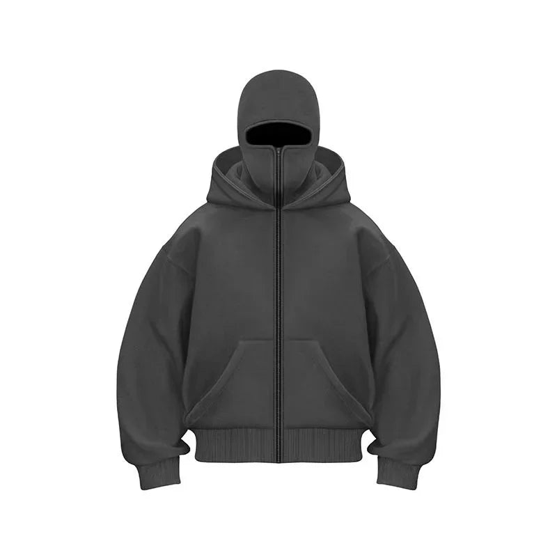 Sweatshirt with Hooded Face Mask Zipper DesignMen's Balaclava Zip Hoodie Winter Warm Casual Sports Jacket Outdoor Activities