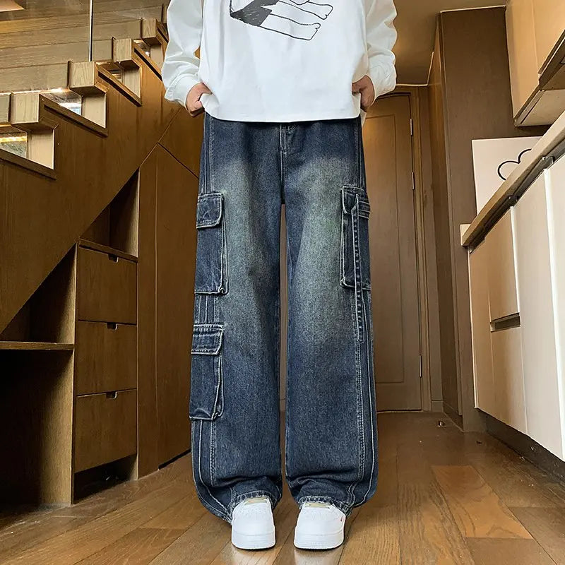 2025 Autumn New Men's Loose Jeans Multi-pocket Work-wearing Jeans Street Hip-hop Straight Wide-leg Pants Baggy Dance Pants