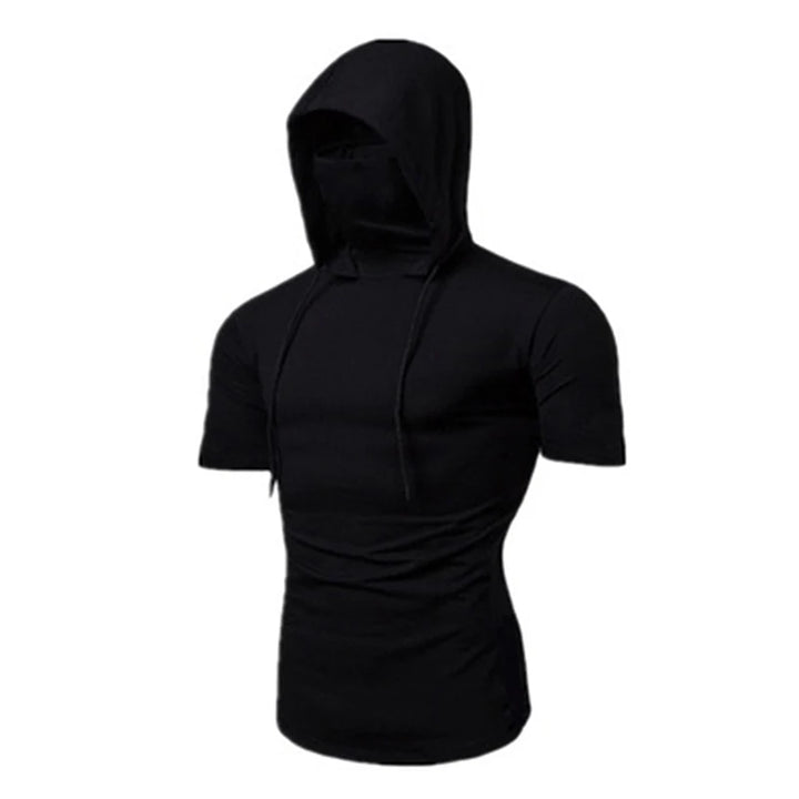 Mens Gym Thin Hoodie Short Sleeve Hoodies With Mask Sweatshirt Casual Splice Large Mask Hoodie Sweatshirt Hooded Tops Cycling