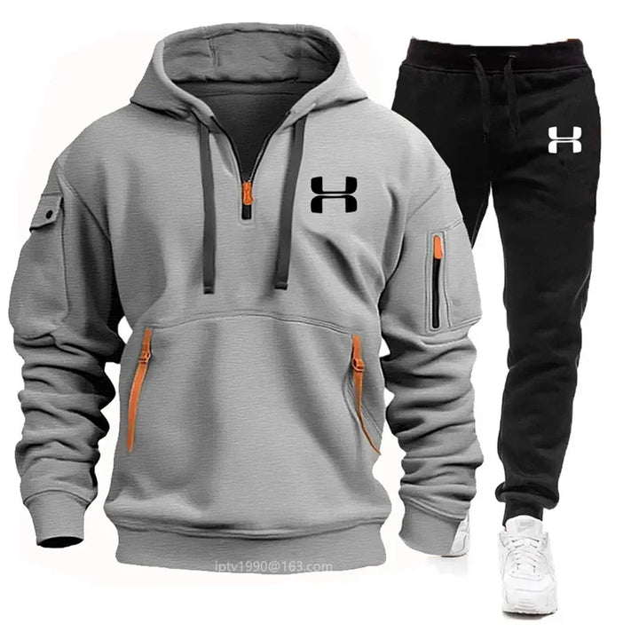 Men's New Autumn and Winter Multi-pocket Zipper Long-sleeved Hoodie + Sports and Leisure Pants Two-piece Fitness Jogging Suit