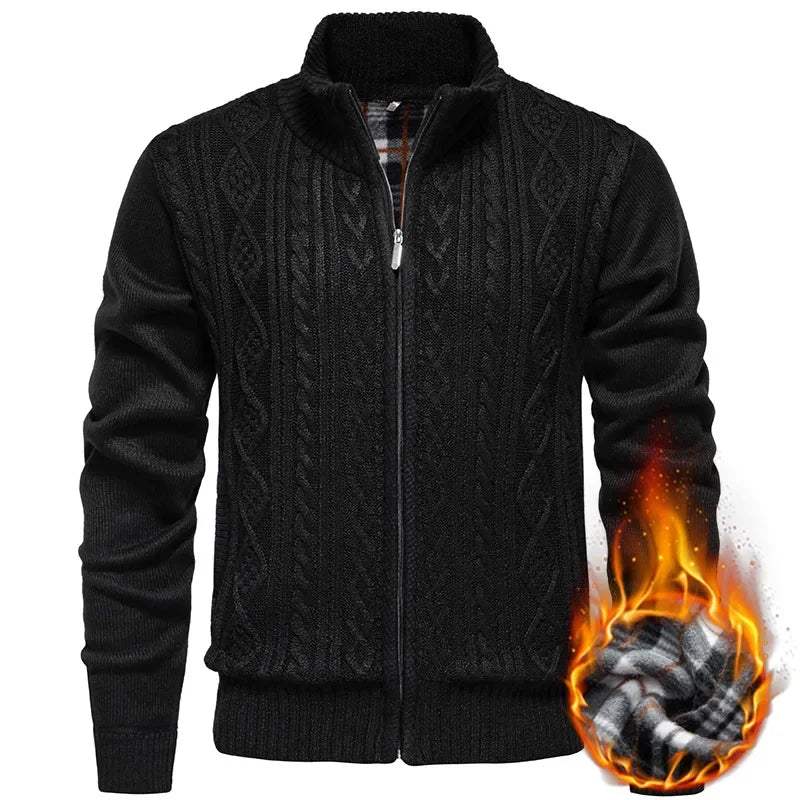 Men's Knitted Sweater Casual Fleece Lined Open Cardigan Jacket Fashionable Autumn Winter New Style Comfortable Soft Material