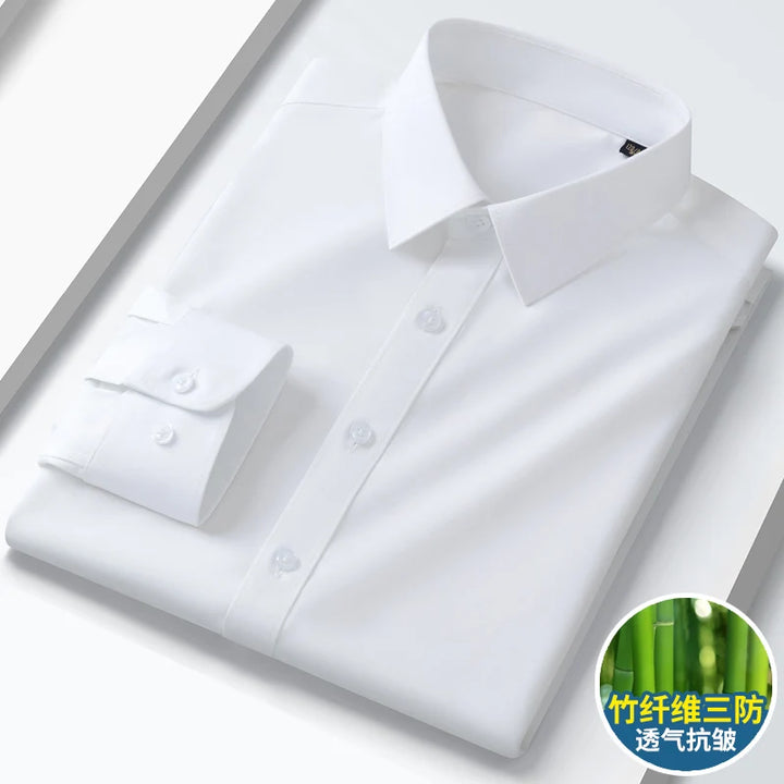 Summer men's long-sleeved non-ironing elastic business casual waterproof, anti-fouling, oil-proof, three-proof white shirt S~8XL