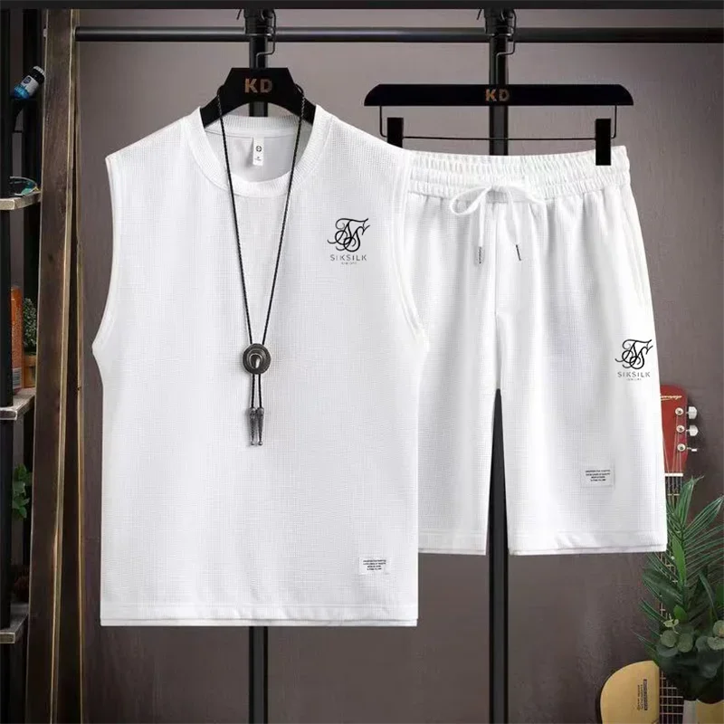 2026 New Waffle Fabric Sleeveless Vest Set Mens Summer Casual Sports Set Breathable Loose Male Vest and Shorts 2PC Sports Suit