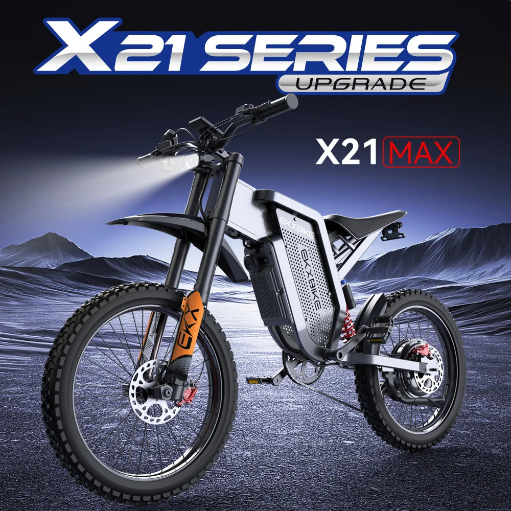 EKX X21 Max Electric Bike – 6000W Brushless Gearless Motor • 60V 30Ah Lithium Battery • 85 km/h Top Speed • Off-Road Adult E-MTB • Hydraulic Brakes • Long-Range High-Performance E-Bike