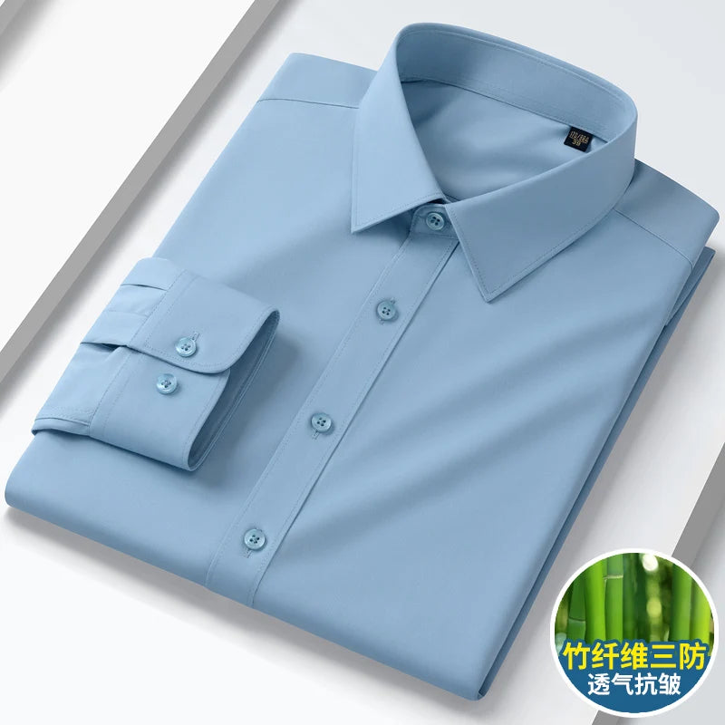 Summer men's long-sleeved non-ironing elastic business casual waterproof, anti-fouling, oil-proof, three-proof white shirt S~8XL