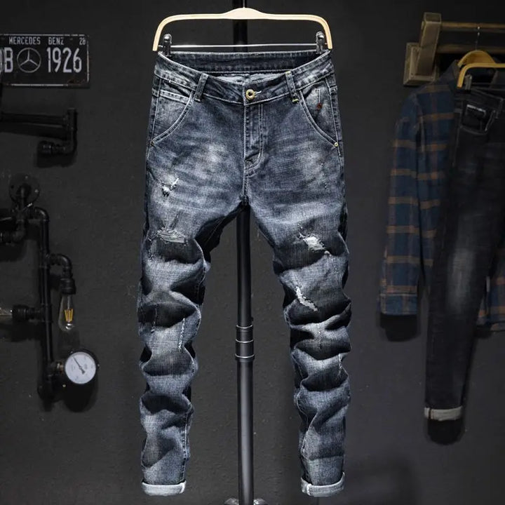 American Elastic Straight Jeans Men Ripped Worn-out Slim-fit Cotton Denim Pants Korean Style Fashion Blue Black Men's Clothing