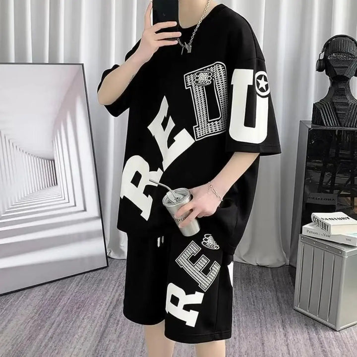 Summer fashion men's personalized letter print comfortable breathable round neck T-shirt shorts set outdoor street style outfit