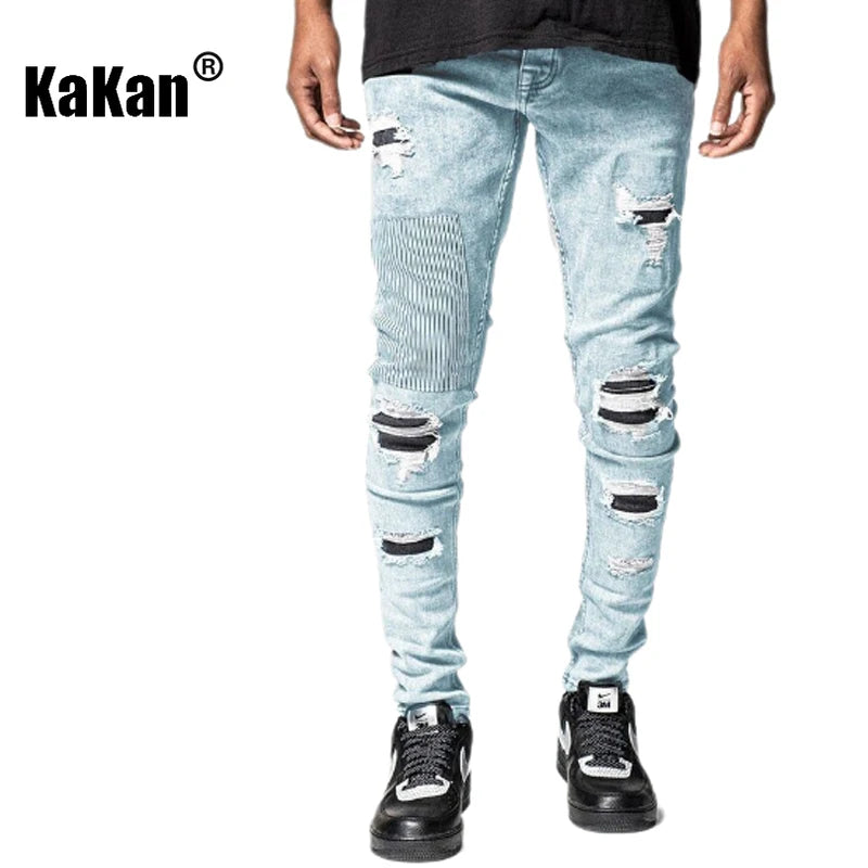 Kakan-y2k New Men's Wear Worn Out Small Leg Elastic Jeans, Slim and Handsome Motoryclist Boots Long Jeans Jeans, Jeans Man Brand