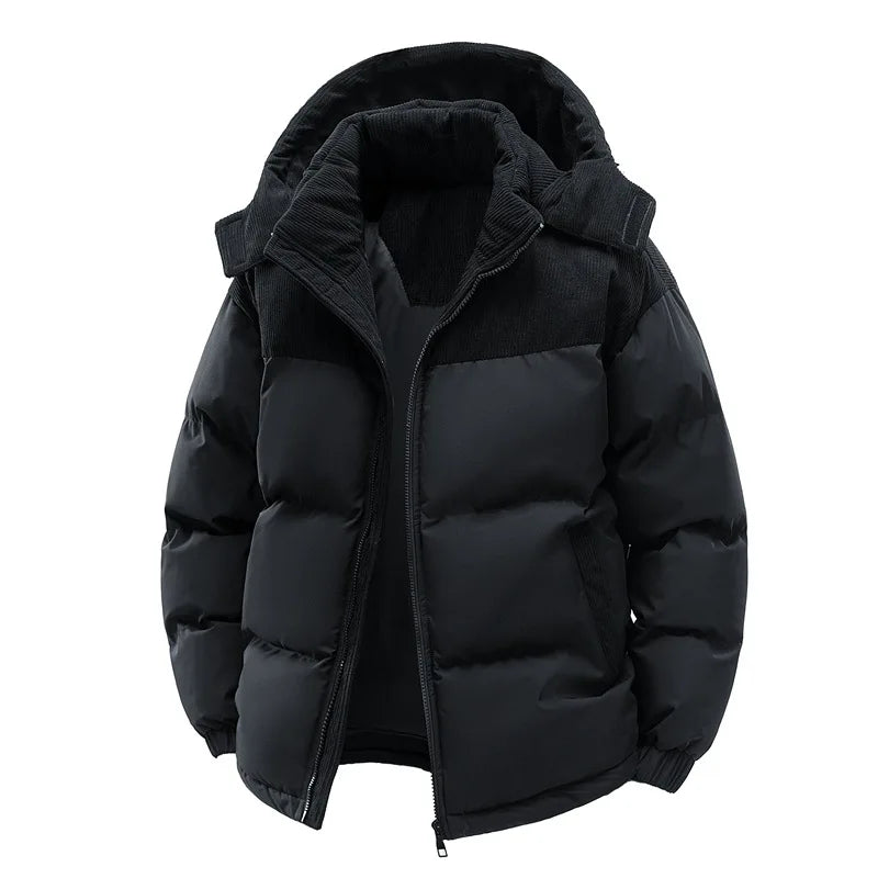 Thickened Fleece Hooded Cotton Jacket Men's Winter Windproof Warm Coat Detachable Hooded Padded Zipper Closure Casual Outerwear
