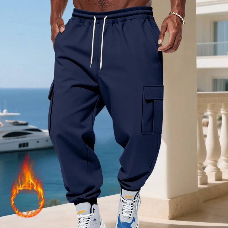Men's Heavyweight Fleece Casual Pants Autumn Winter American Loose Sports Multi-pocket Cargo Jogging Trousers