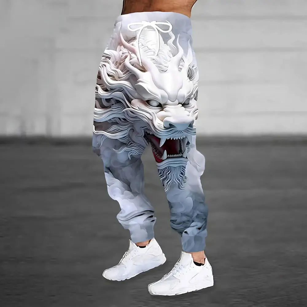 Men Loose Casual Pocket Draw Rope Sports Sweatpants Fashion Dragon And Hand Printed Sweatpants Winter New Thick Warm Sweatpants