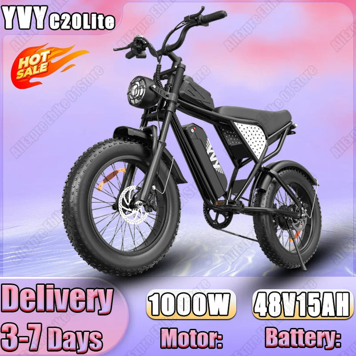 1000W Fat Tire Electric Bike – 48V 15Ah Lithium Battery • 20×4" All-Terrain E-Bike • Brushless Motor • Adult Mountain & City Electric Bicycle