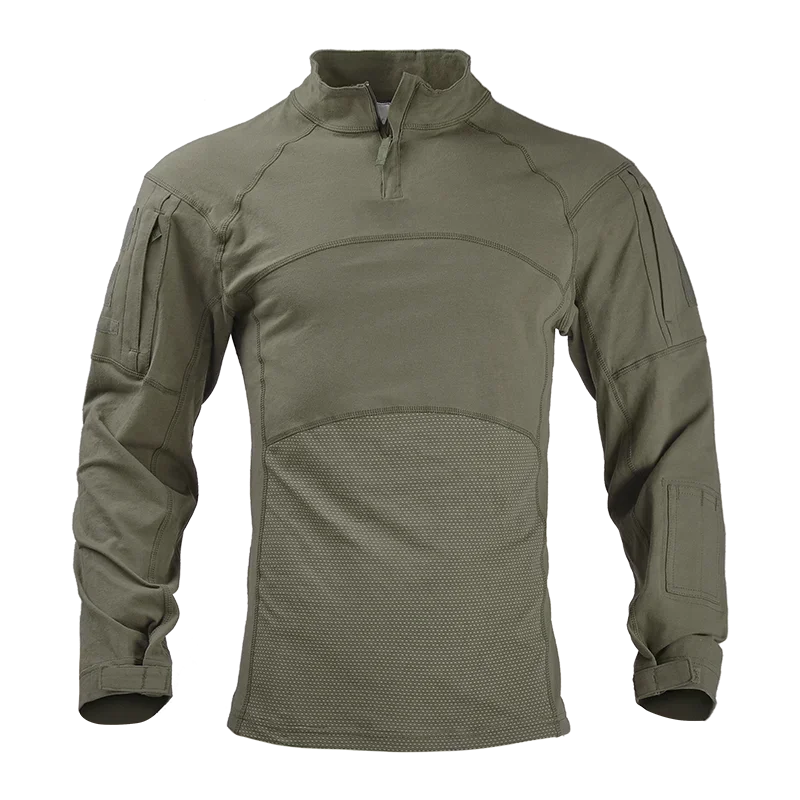 Men's Long Sleeve Tactical Shirts Combat Shirt 1/4 Zipper Ripstop Elastic Cotton Military Hiking Hunting Clothes