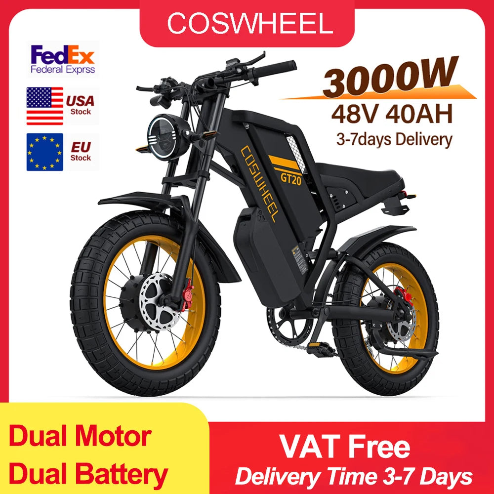 COSWHEEL GT20 PRO Electric Bike – 3000W Dual Motor, 48V 40Ah Ultra-Long Range Battery, 20" Fat Tire Off-Road Mountain E-Bike | 65km/h High-Speed All-Terrain Electric Bicycle