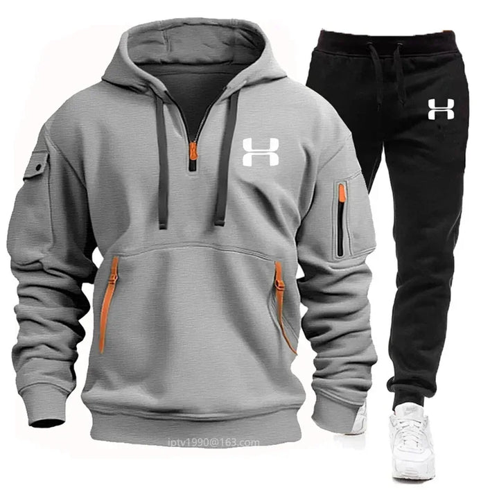 Men's New Autumn and Winter Multi-pocket Zipper Long-sleeved Hoodie + Sports and Leisure Pants Two-piece Fitness Jogging Suit