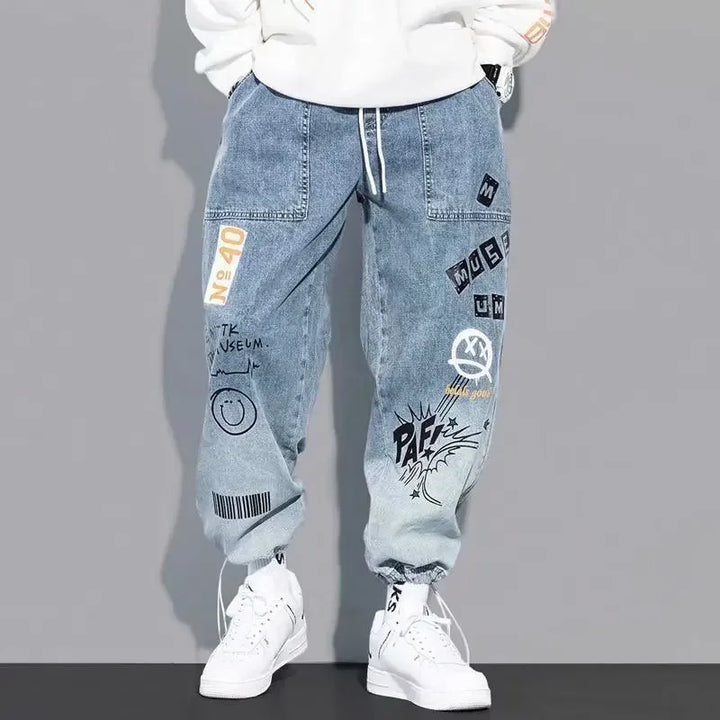 Yoaautumn New Men's Jeans Loose Fit Letter Print Trendy Brand Cartoon Doodle Designer Casual Hip Hop Style Male Denim Pants