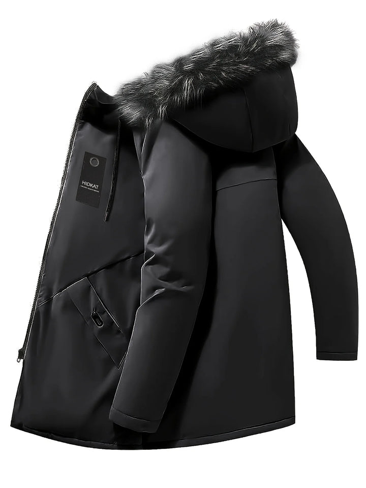 Winter Windproof Men's Faux Jacket Casual Polyester Coat Hood Zip-Up Front Long Sleeves & Pockets Winter Clothes