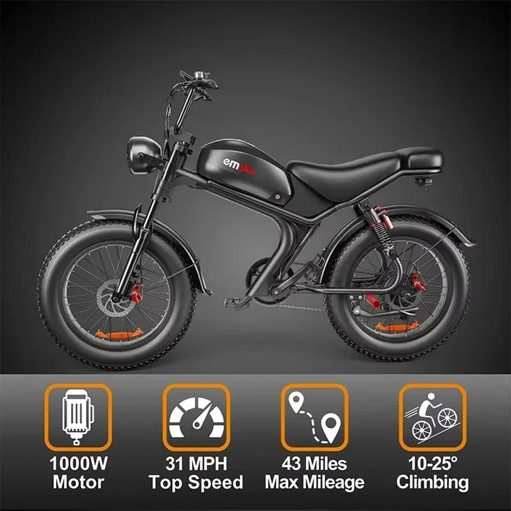 EMOKO C93 Retro Electric Bike – 1000W Brushless Motor • 48V 20Ah Lithium Battery • 20×4” Fat Tire City & Off-Road E-Bike • Long-Range Adult Mountain Bicycle