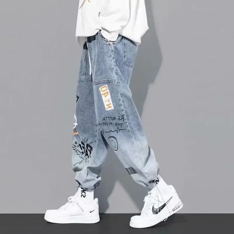Yoaautumn New Men's Jeans Loose Fit Letter Print Trendy Brand Cartoon Doodle Designer Casual Hip Hop Style Male Denim Pants