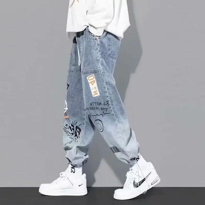 Yoaautumn New Men's Jeans Loose Fit Letter Print Trendy Brand Cartoon Doodle Designer Casual Hip Hop Style Male Denim Pants