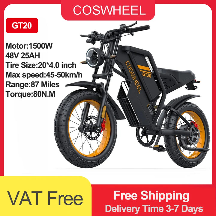 COSWHEEL GT20 PRO Electric Bike – 3000W Dual Motor, 48V 40Ah Ultra-Long Range Battery, 20" Fat Tire Off-Road Mountain E-Bike | 65km/h High-Speed All-Terrain Electric Bicycle