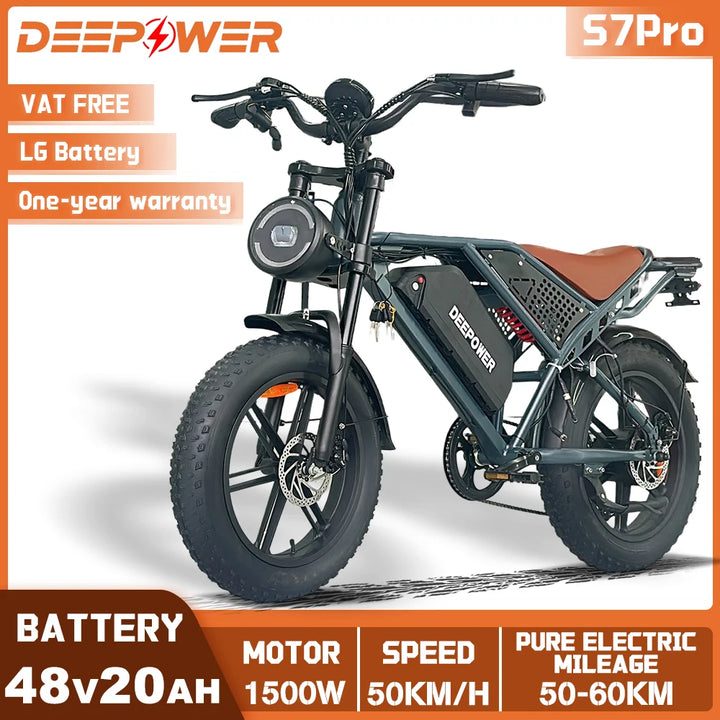 DEEPOWER S7Pro Off-Road Electric Bike – 1500W Brushless Motor • 48V LG Lithium Battery (20Ah/35Ah/60Ah) • 50 km/h Top Speed • 20” Fat Tires • Adult All-Terrain Mountain E-Bike