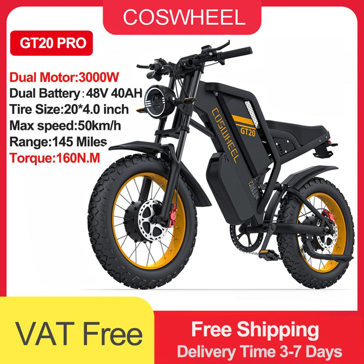 COSWHEEL GT20 PRO Electric Bike – 3000W Dual Motor, 48V 40Ah Ultra-Long Range Battery, 20" Fat Tire Off-Road Mountain E-Bike | 65km/h High-Speed All-Terrain Electric Bicycle