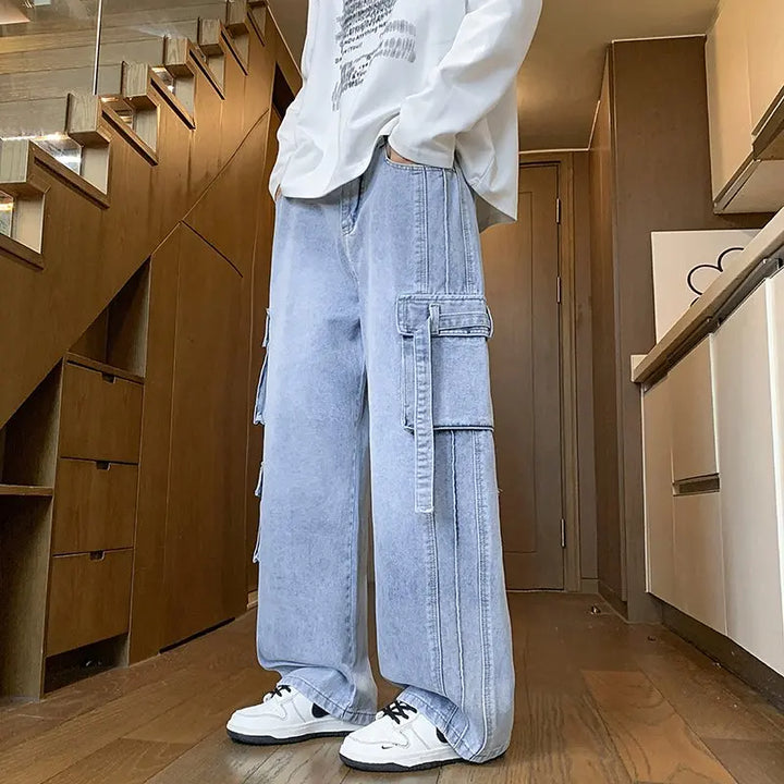 2025 Autumn New Men's Loose Jeans Multi-pocket Work-wearing Jeans Street Hip-hop Straight Wide-leg Pants Baggy Dance Pants