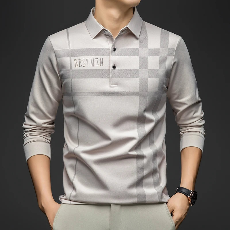BROWON 2025 Spring Autumn Casual Golf Shirt Polo Man Plaid Pattern Soft Comfortable Long Sleeve Business Office Polo Shirt Men