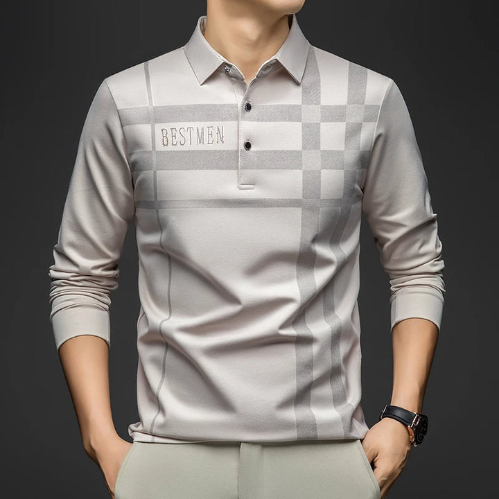 BROWON 2025 Spring Autumn Casual Golf Shirt Polo Man Plaid Pattern Soft Comfortable Long Sleeve Business Office Polo Shirt Men