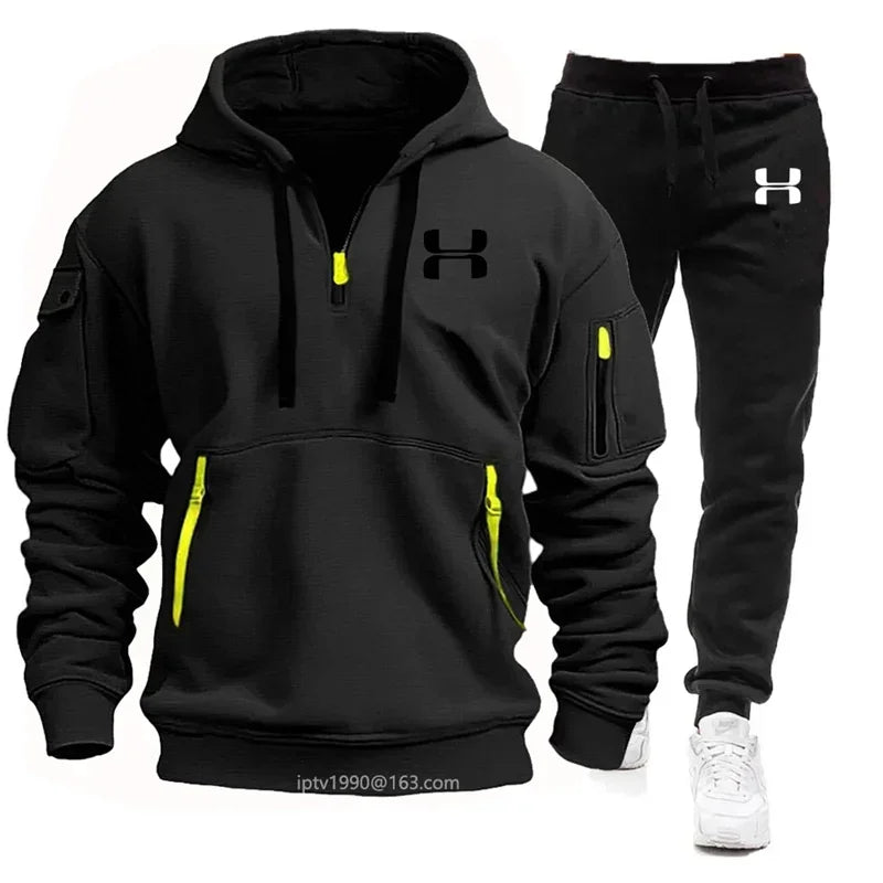 Men's New Autumn and Winter Multi-pocket Zipper Long-sleeved Hoodie + Sports and Leisure Pants Two-piece Fitness Jogging Suit